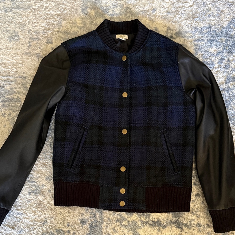 J. Crew Navy and Black Plaid Bomber Jacket